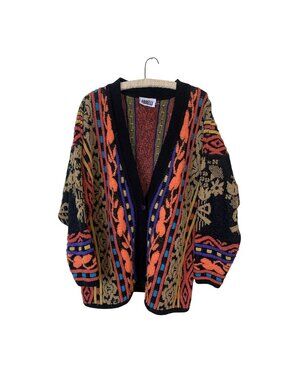 Vtg Unisex Forelli Cardigan Sweater Bold Tribal Print Neon 90s Multicolor 2X
